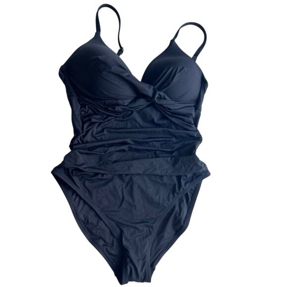 La Blanca Black One Piece Swimsuit Ruched Tummy Control V-Neck Size 6 resort - Picture 2 of 7